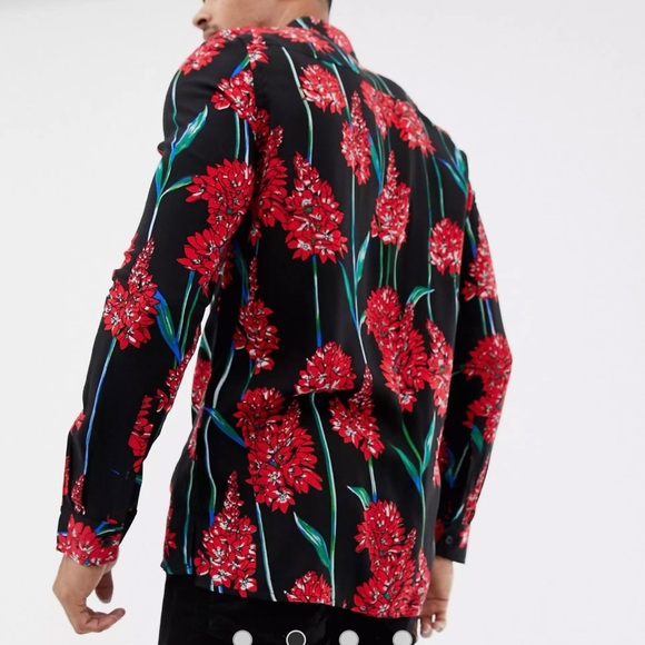 NWT ASOS Religion Revere Black Collar Button Down Shirt w/ Red Floral Print - Picture 3 of 16